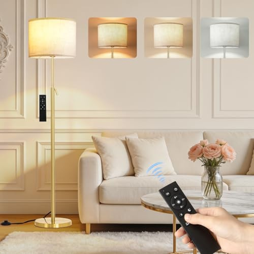 Floor Lamp for Living Room - Gold Modern Tall Standing Lamps for Bedroom | 55-67 Height Adjustable - Stepless Dimmable Color Temperature Standard Lights with Shade and Remote Control - Bulb Included
