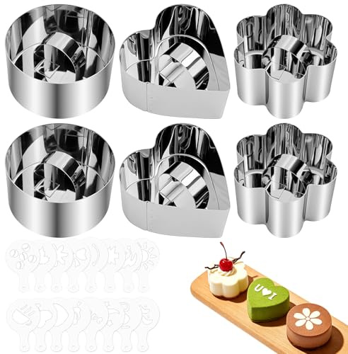 QGGTQG Anillo de Pastel 6 Piezas 8 cm Aros Emplatar Acero Inoxidable Anillos de Postre Reutilizable Aros de Postre con Paleta y Plantillas para Postres, Tartas y Flan