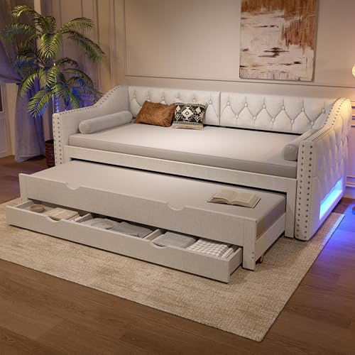 Moimhear Cama de día acolchada con luz LED, cama nido y tres cajones, sin colchón, beige, 90 x 200 cm