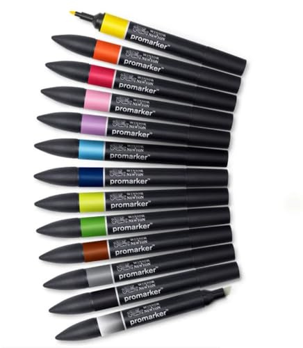 Winsor & Newton 0290137 ProMarker, Professioneller Layoutmarker - 2 Spitzen, fein und breit für Zeichnungen, Design und Layouts - 13 Farben Set 1