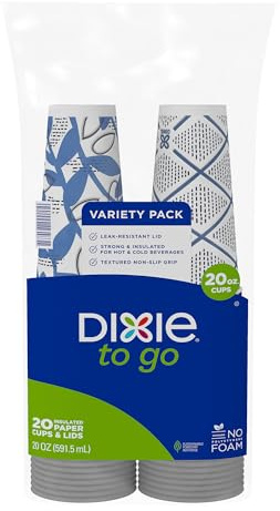 Dixie To Go Paper Coffee Cups With Lids, 20 oz, 20 ct, Disposable Insulated Paper Cups for On-The-Go Hot or Cold Beverages