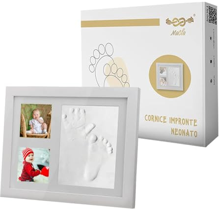 Cornice Impronte Neonato 5ª Generazione - Kit Impronte Mani e Piedi in Argilla Morbida - Regalo per Neonati con Portafoto da Tavolo e Parete