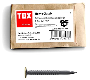 TOX chiodi per quadri Home Classic in acciaio temprato con testa in otton, dimensioni 2,0 x 50 mm, chiodi in acciaio per quadri per quasi tutti i materiali da costruzione, 20 pezzi, 063600104