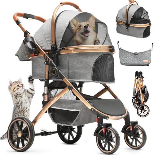 YITAHOME Hundewagen 3 in 1 Hundebuggy Bis 22kg, Klappbar, Hundewagen für Kleine Hunde, Hundebuggy Kleine Hunde, Hunde Buggy, katzenwagen, Faltbar Hund Kinderwagen, Tragbarer Kinderwagen (Grau)