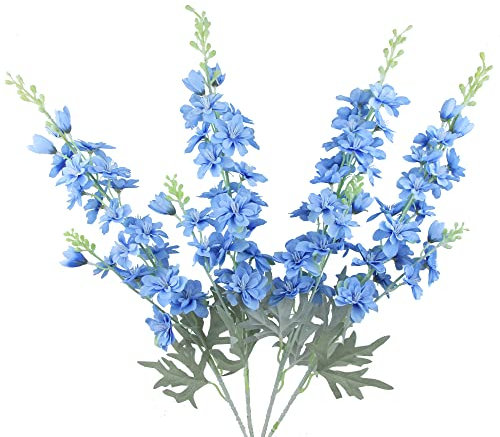 FERIAL Blue Silk Larkspur Flowers 4pcs Artificial Delphinium Faux Snapdragon Long Stem Fake Plant Spray Arrangement for Home Decor Indoor Outdoor Office Garden Wedding Table Vase Decor (Blue)…