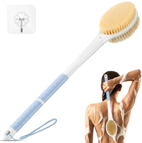 Back Scrubber Body Shower Brush: Anti Slip Long Handle Bath Brush with Stiff and Soft Bristles - Showering Exfoliator Wet or Dry Brushing for Women, Men, Elderly (Blue)
