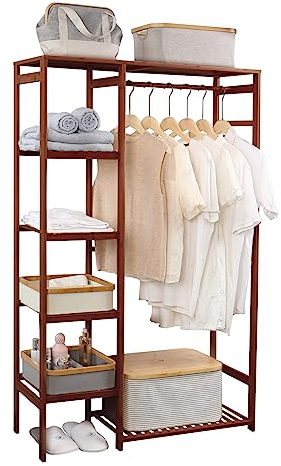 WAOHO Garderobenständer aus Bambus，Offener Kleiderständer bambus，Kleideraufbewahrung mit Kleiderstange，Garderobenständer mit 6 Ablagen，freistehende Garderobenständer Braun 145X90X30CM
