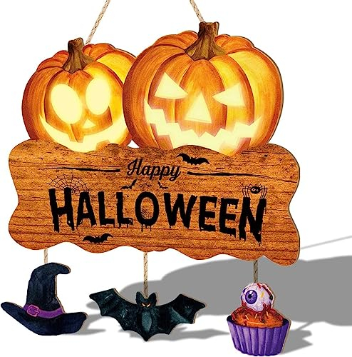 CHDITB Happy Halloween spaventoso zucca di benvenuto cartello per Halloween, autunno, porta di casa, in legno, decorazione per esterni