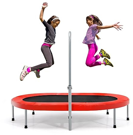 KOMFOTTEU Trampoline Double de Loisir pour Enfants, Poignée Réglable, Trampoline de Fitness Pliable, 154 x 90 cm (L x l), Rebondisseur Ovale pour Enfants et Adultes, Charge Maximum de 150kg (Rouge)