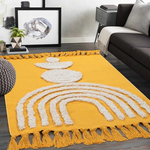 LINROMIA Teppich Läufer Flur Lang 90x150 cm, Boho Gelb Regenbogen Getuftet Baumwollteppich mit Gewebt Quasten, Waschbarer Teppich für Badezimmer Küche Wohnzimmer Schlafzimmer Flur Esszimmer