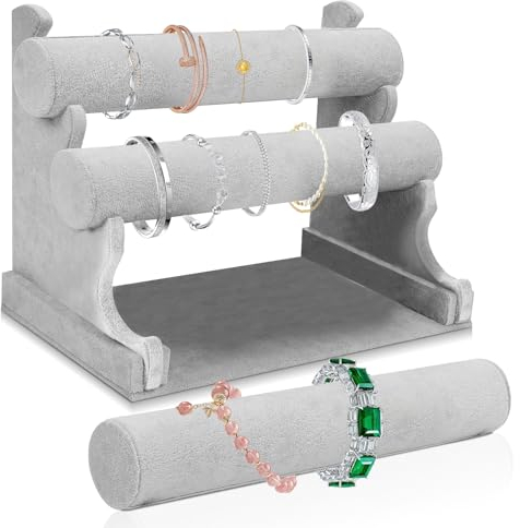 Supporto per gioielli, braccialetti, supporto in velluto con 3 piani rimovibili, supporto per bracciale, supporto per orologi, bracciali, collane (grigio)