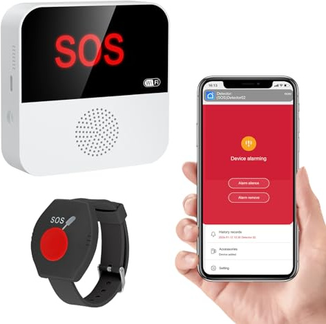 Chatthen Bouton d'appel urgence WiFi + RF pour les personnes âgées - Système d'alerte pour les seniors - 1 bracelet d'appel - 1 récepteur