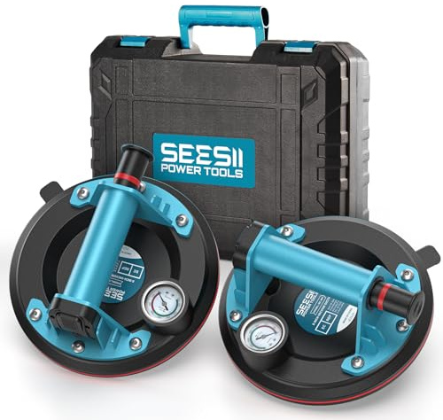SEESII Suction Cups for Glass Lifting: 8 Tile Suction Cup Lifter with Pressure Gauge, 250KG Max Load, Heavy Duty Vacuum Lifter for Lifting Large Tile, Granite, Metal, Windows (2-Pack)