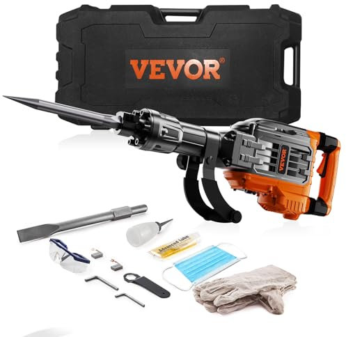 VEVOR - 3500W Electric Demolition Hammer, 1900BPM Durable Jack Hammer, Concrete Breaker with 2 Chisels, Gloves and a 360° Swivel Handle for Efficient Trenches, Black