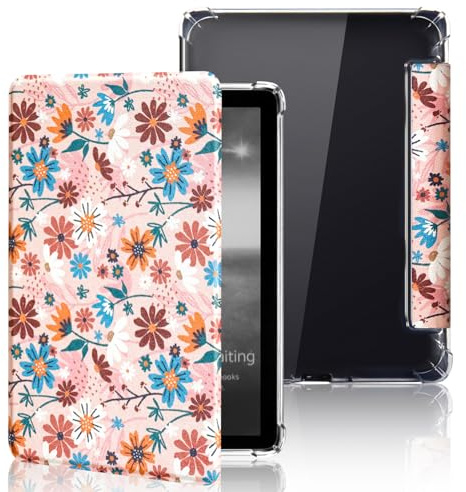 MOKASE Fodral Fit for 7” Kindle Paperwhite (12:e generationen, 2024) & Kindle Colorsoft Signature Edition, flexible Klart TPU-stötfångarfodral i PU-läder e-läsare med auto Wake/sömn, Matisse Daisy