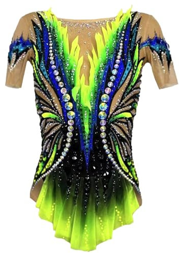Kmarouse Mädchen-Trikot for Rhythmische Gymnastik, Kurze Ärmel, Handgefertigt, Glitzernde Diamant-Gymnastikkleidung for Den Wettkampf(XXXS)