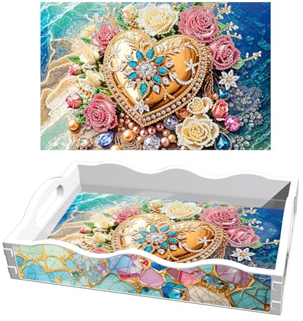 ARTopet DIY Diamond Serving Tray Diamond Art Painting Creative Design Handmade ABS Colored Glass Crack Tray Dinner Plate Breakfast Tray for Coffee Living Room Home Organizer-Heart