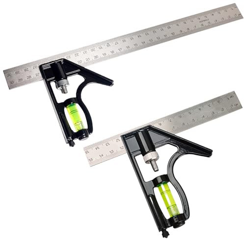 LEKEFETO Juego de ángulos de combinación de 150 mm y 300 mm: ángulo de tope universal con nivel de burbuja y aguja, dos ángulos combinados universales precisos con tope de regla, herramienta de