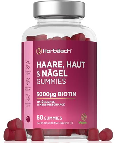 Gummies Cheveux Ongles et Peau | Avec Biotine 5000 mcg, Zinc, Vitamine B, C, E et plus | 60 Gommes Végétaliennes | Goût Framboise | Hair Skin Nails Gummies | by Horbaach