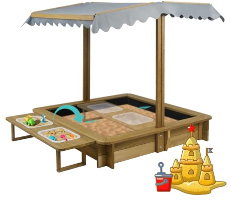 Outdoor Kids Sandbox with Lid, Wooden Sand Box with Cover, with 2 Side Buckets, Adjustable Canopy & UV-Protection, Smooth Surface, Sand Box for Kids Ages 2-8（45.3x45.3in）