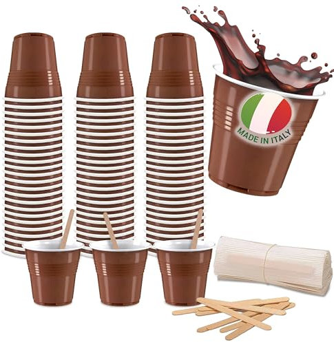 COFFISANO Kit de 150 vasos de café + 150 paletas, juego de paletas de 90 mm desechables de madera de abedul y vasos de 80 ml, para espresso, restaurantes, oficinas, para llevar, bares (150 + 150)