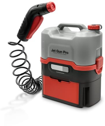 ERRECOM JET GUN PRO+, Idropulitrice Portatile a Batteria con Cassetto Accessori, Serbatoio Acqua da 8 L, Tubo Spiralato 3 m, Peso 2,9 kg