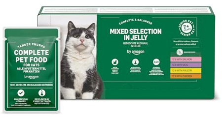 by Amazon Katzenfutter, nass, für ältere Katzen, Gemischte Auswahl in Gelee, 4.8kg (48 beutel mit 100g)