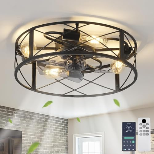 UNRRYI Ceiling Fans with Lights and Remote, 46CM Caged Industrial Ceiling Fans 6 Speed Reversible Quiet Tming Farmhouse Ceiling Fan Light for Bedroom Dining Room Kitchen (Black)