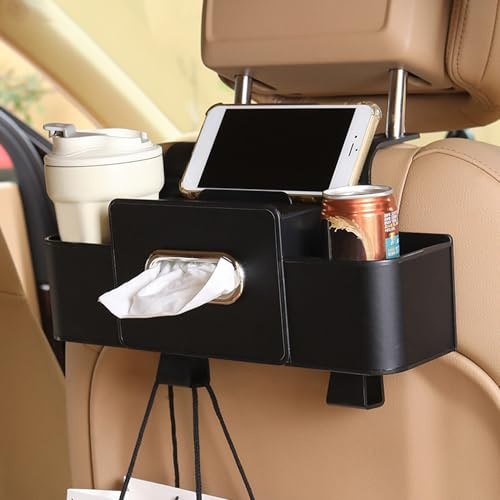 Organizador para asiento trasero de automóvil Organizador multifuncional 3 en 1 para asiento trasero de automóvil con portavasos caja de pañuelos contenedor de basura y ganchos para sostener teléfon