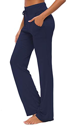 Pantalones De Yoga para Mujer con Bolsillos Cordón De Pierna Ancha Salón Recto Suelto Pantalones De Entrenamiento De Entrenamiento Pantalones De Chándal Casuales Activos (Azul Marino, 2XL)