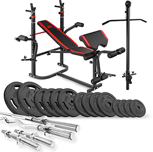 Hop-Sport Hantelbank Kraftstation 1065 mit Lang-, Curl- & Kurzhantel Gusseisen Gewichte 39kg bis 116kg (76kg)