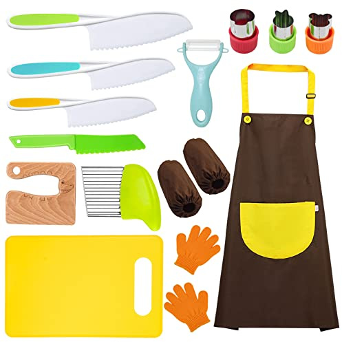 14 Pieces toddler knife, Kids Knife Set Include Wood Kids Safe Knife, Plastic Toddler Knife, Cutting Board, Apron, Y Peeler, Crinkle Cutter, Kitchen Sleeves Covers, Gloves, Sandwich Cutter