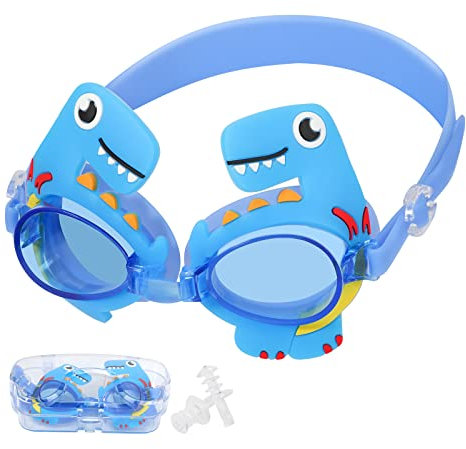 Kinder-Schwimmbrille mit Ohrstöpseln, Cartoon-Drachen-Schwimmbrille, Anti-Beschlag, auslaufsicher, Jugend-Schwimmbrille, wasserdicht, klare Sicht, Wasser-Pool-Brille für Kleinkinder, Kinder, Mädchen