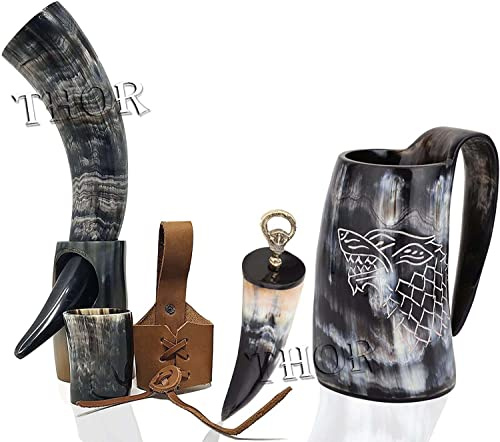 Viking Drinking Horn Mug - Bottle Opener - Whiskey Cup - Belt Holster - Drinking Horn With Stand For Cold Drink - Water and Beer Tankard Authentic Set Rustic Vintage Home Decor Gifts
