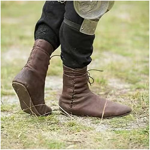 GATURA Men's Medieval Boots Pointed Toe Flat Heel Ankle Boots Faux PU Leather Lace Up Mid Calf Boots Vintage Viking Knight Pirate Boots,Large Size 37-48,Brown,47
