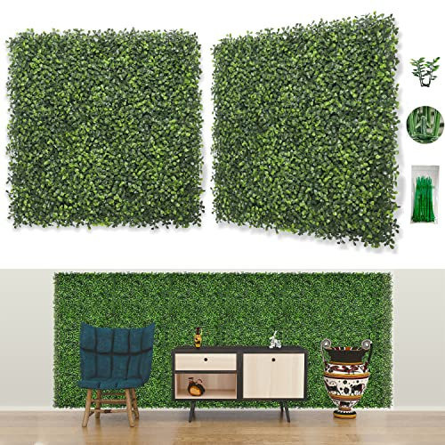 Bybeton Paneles de pared de hierba de boj artificial, paquete de 12 paneles de pared de 20 x 20 pulgadas, protección contra rayos UV, para interiores y exteriores, protección de privacidad y jardín,