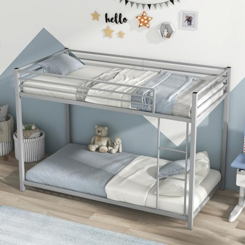 KOMFOTT Metal Low Bunk Bed Twin Over Twin, Heavy Duty Bunk Bed Frame with Ladder & Full-Length Guardrails, Metal Slatted Floor Bed Frame for Teens & Adults, No Box Spring Needed