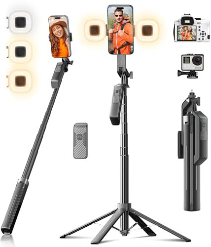 Funxee Palo Selfie Trípode para movil - 180cm Soporte de Teléfono con Control Remoto Inalámbrico Desmontable y 2 Luces LED para Grabación, Video y Fotos, Soporte para iPhone, Android, Cámara y GoPro