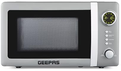 GEEPAS Retrovive 700W Digital Freestanding Microwave Oven, 20L | Electric Oven with Auto Defrost Child Lock | 12 Preset Rotary Dial Easy Clean | Fits Standard Dinner Plate Compact Countertop | Grey