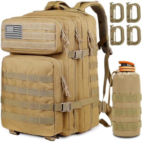 MUCHER 45L Military Tactical Backpack For Men Molle Army Assult Rucksack Survival 3 Day Bug Out Bag Large Combat Daypack with Bottle Holder and 4 Carabiners for Trekking, Hiking, Travel, Camping