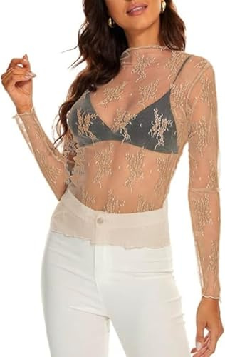 Haibang Långärmad T-shirt för kvinnor Sexig Blommig Spetströja Transparent Mesh Blus Slim Fit Crop Toppar Hög Hals Smal Skjorta-Tröja Elegant Blus Kväll Toppar Party Clubwear