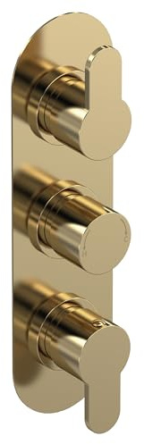 Balterley Concealed Thermostatic Shower Valve with Diverter, Round Lever & Knob Handles with Oval Plate Bathroom Shower Valve, Triple Control 3 Outlet Valves - 80 x 136 x 280mm (Brushed Brass)