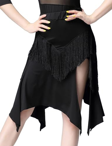 SEAUR Falda de baile latina para mujer, para danza del vientre, con flecos, falda de salón de baile, rumba, cha, samba, falda de baile, vestido de baile de la UE S-L = (Asia M-XL), Negro , M
