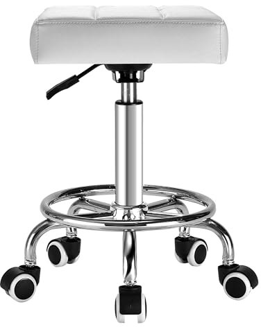 Rollhocker, Breiteres quadratisches Kissen - Ringfußstütze für Beinauflage,verstellbarer Drehhocker mit Rollen,150 kg Belastbarkeit, Arbeitshocker für Spa,medizinischen Salon Arbeit Büro (Weiß )