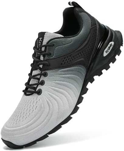 Kricely Mens Trail Running Shoes Breathable Lightweight Hiking Trekking Trainers Walking Shoes Silver Grey 9