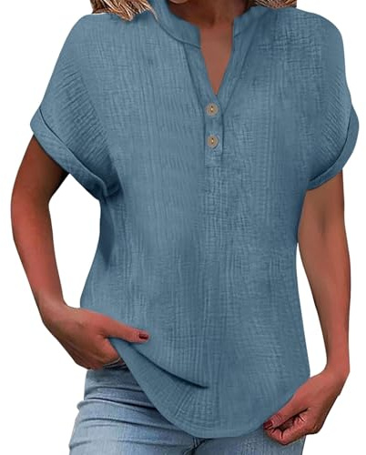Cocila T Shirts à Manches Courtes Et Col en V pour Femme Couleur Unie Tendance DéContracté Tissu Froissé Boutonné Retroussé Chemisiers Et Hauts pour Femmes en Coton DéContracté