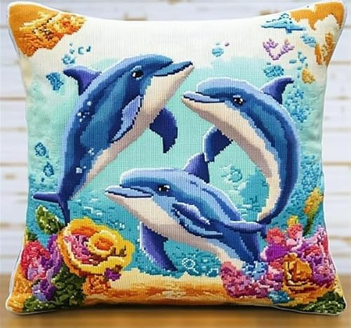NAHUIGOOD 11Ct Sticken Set Kreuzstich Kissen, Delphin 45X45Cm Kreuzstich Kissen Set Vorgedruckt Handstickerei Nähkissenbezug Stickset Kreuzstichkissen Zum Dekorieren