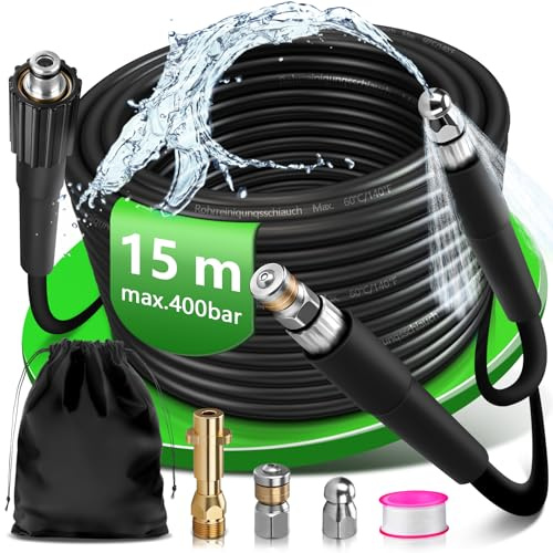 15 m rörrengöringsslang med M22-adapter, mässingsmunstycken styva + roterande, 400 bar, lämplig med Kärcher K2 K3 K4 K5 K6 K7 högtryckstvätt, avloppsrengöring rörrengöringsset högtrycksslang