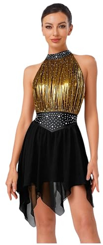 Oyolan Femme Robe Danse Latine Salsa Rumba Cha Cha Strass sans Manches Justaucorps Patinage Artistique Gymnastique Tenue Compétition Spectacle Noir M