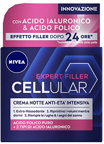 NIVEA CELLULAR EXPERT FILLER Crema Notte Anti-Età Intensiva SPF 15 50ml, Crema viso antirughe rassodante, Crema viso Acido Ialuronico e Acido Folico Puro, Crema viso notte anti-age